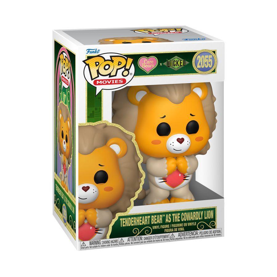 Funko Packaging with "Wicked" Branding. Inside box is orange care bear crossed with the cowardly lion. Bear is in a lion costume with Mane. 