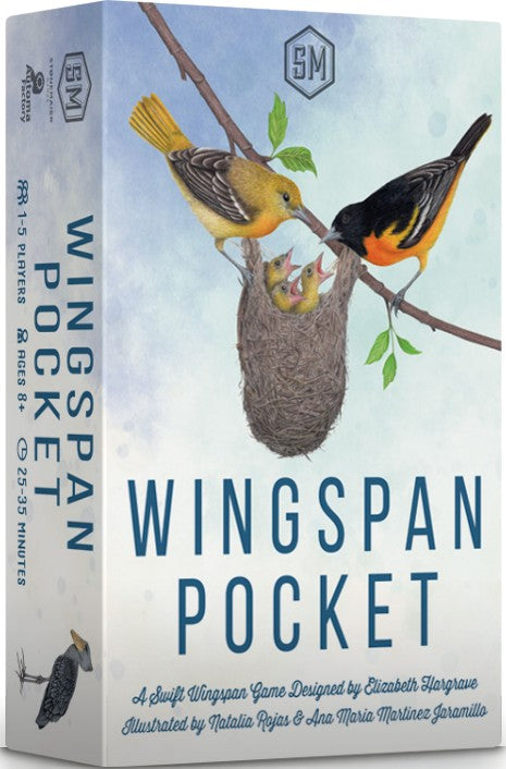Box cover for the card game Wingspan Pocket, featuring a watercolor-style illustration of two birds perched above a nest with a young bird, on a pale blue background. The title 'WINGSSPAN POCKET' appears in large blue text, with the side spine also visible.