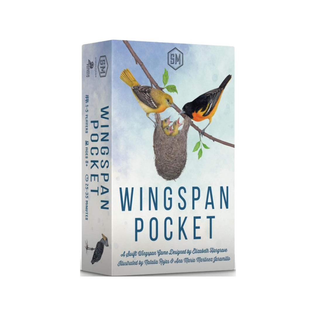 Wingspan Pocket game board box featuring watercolor illustrations of birds and a nest on a pale blue background, with the title 'WINGSSPAN POCKET' in large blue text.