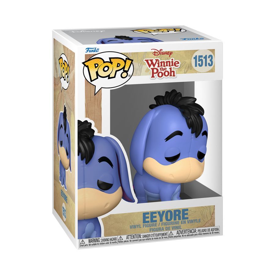 Funko branded packaging with clear window. Inside box is Eeyore with tan coloured snout and blue/purple body. 