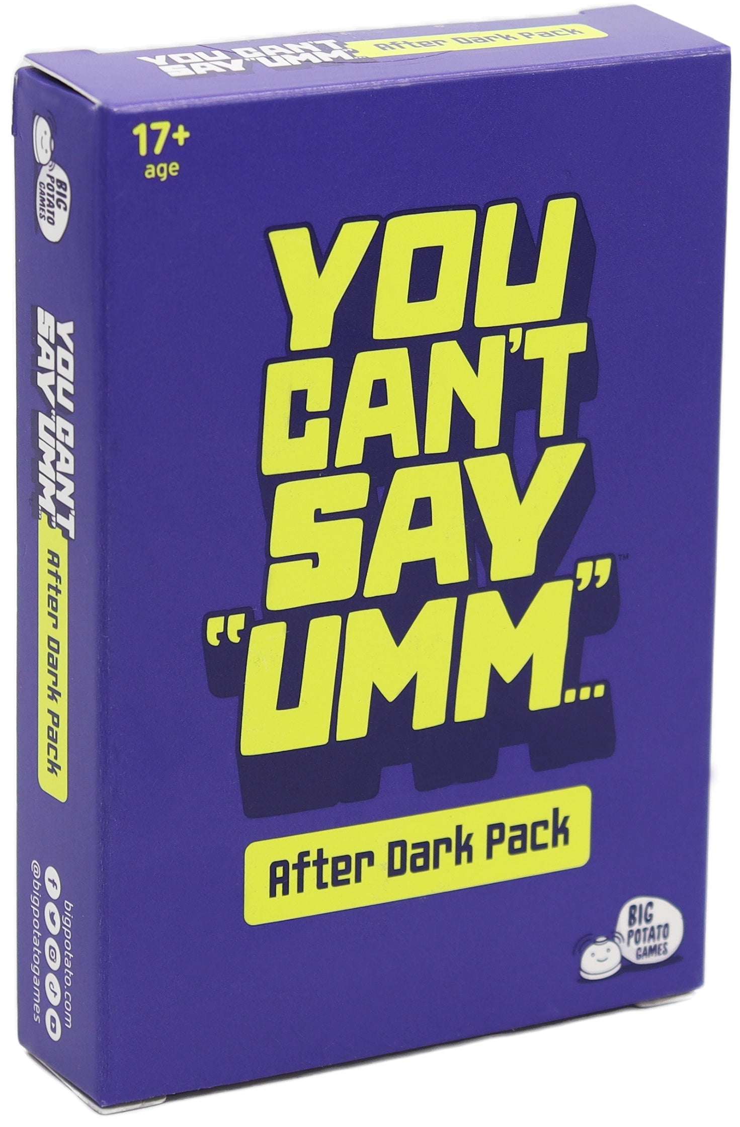 Purple packaging with bold yellow writing stating, “you can’t say umm…”.