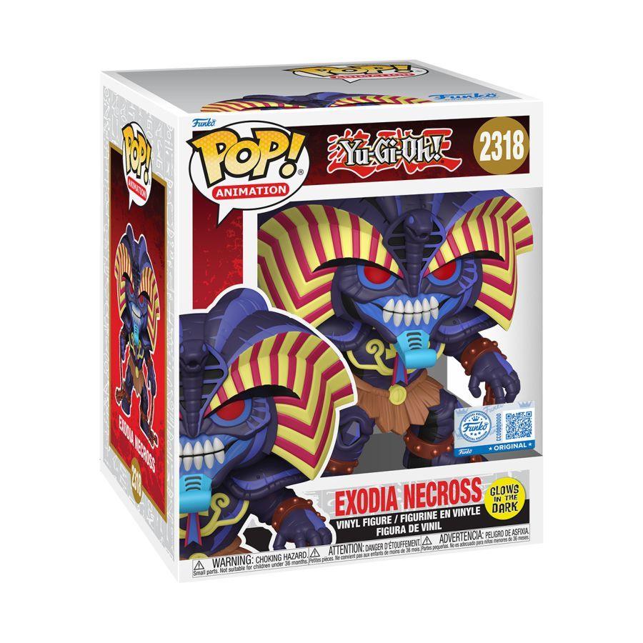 Funko Branded packaging with clear window contains, Exodia Necross figure with a purple, red, yellow and blue colour scheme.
