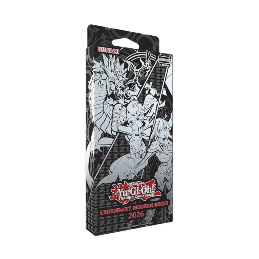Yu-Gi-Oh! trading card game packaging with black and white illustrations on a white background