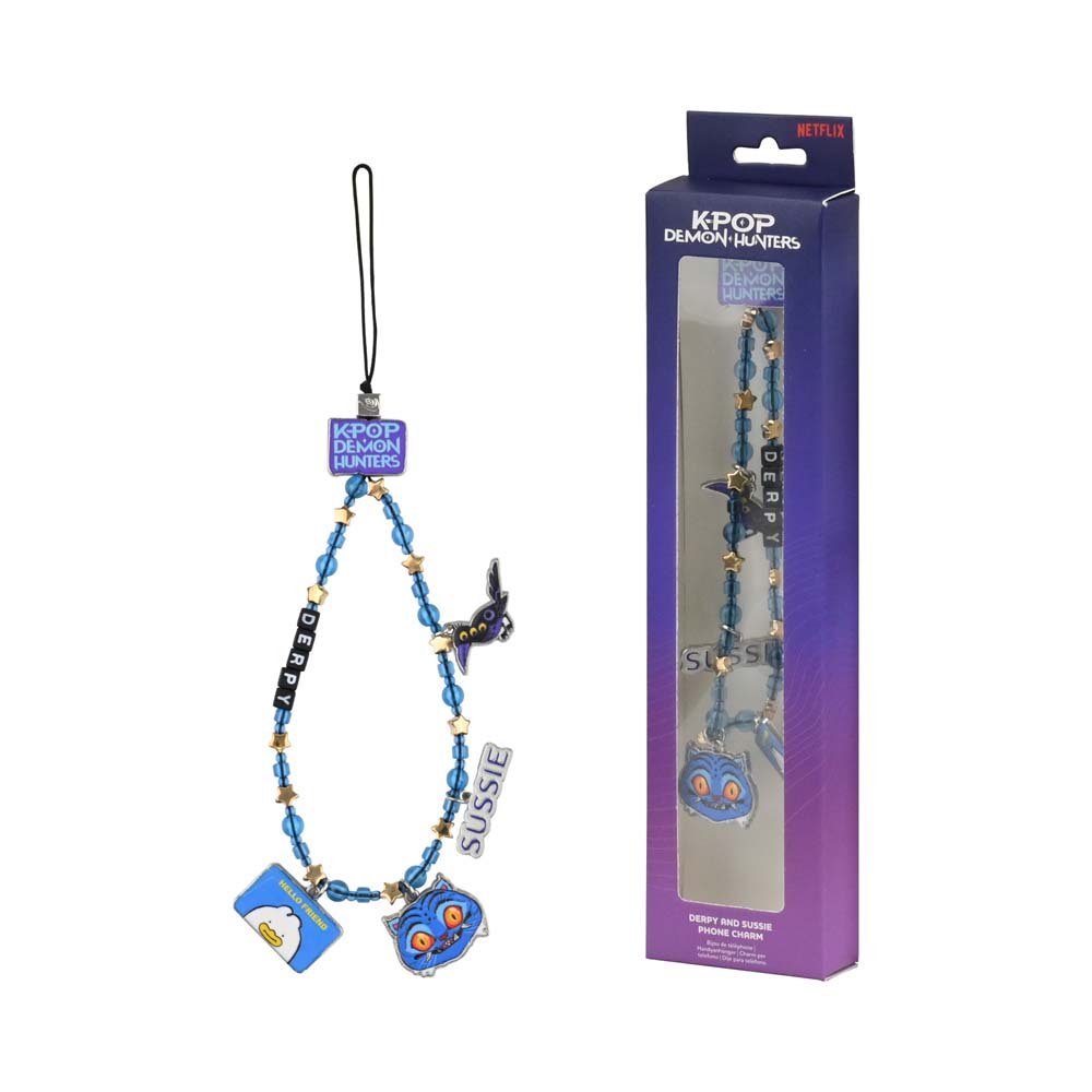 Kpop Demon Hunters branded packaging with clear window, inside box is plastic beaded phone strap with metal character themed charms.
