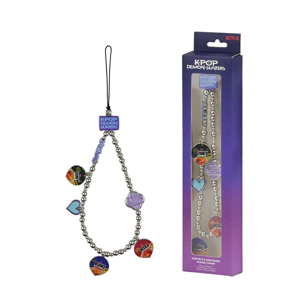 Kpop Demon Hunters branded packaging with clear window, inside box is metal beaded phone strap with character themed charms.