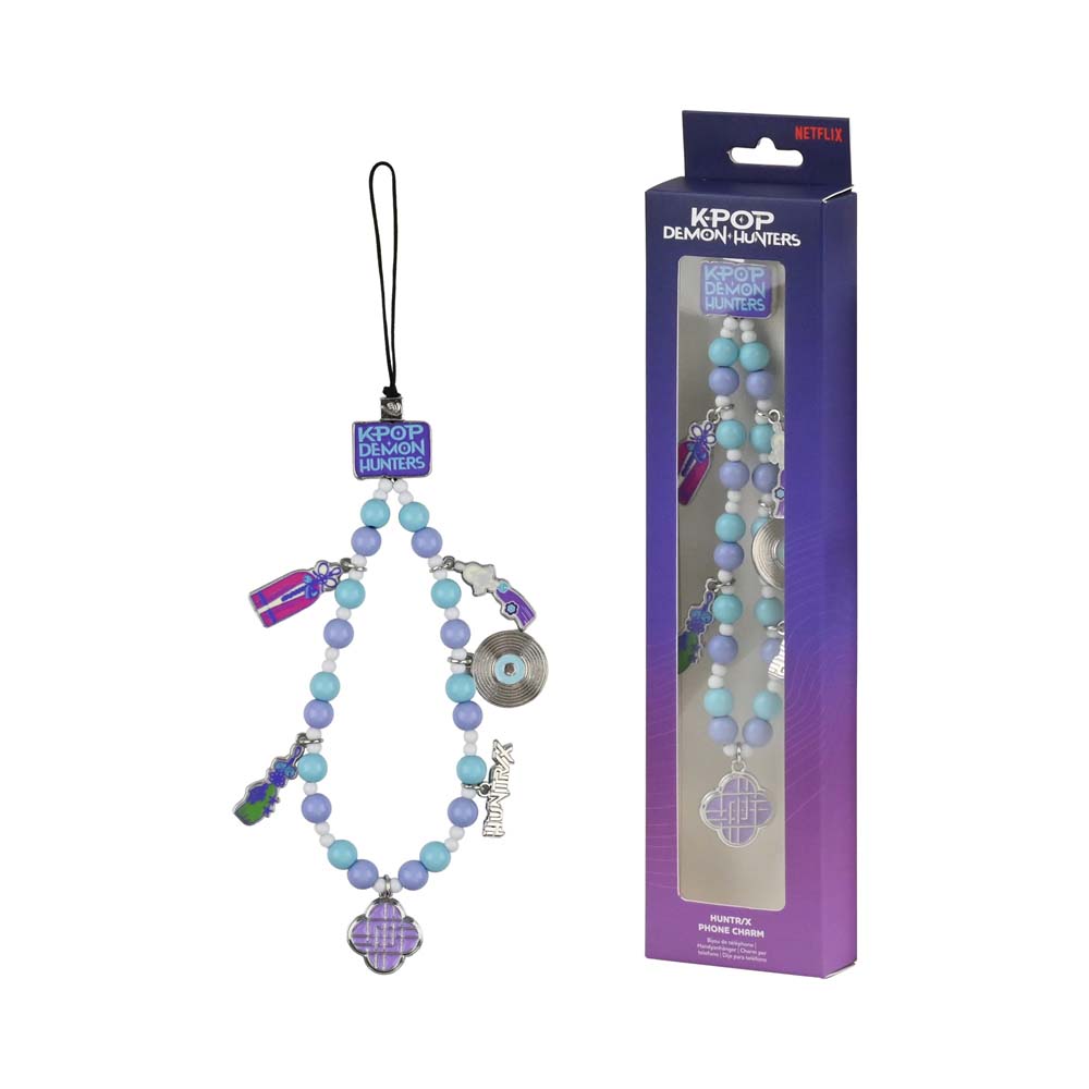 Kpop Demon Hunters branded packaging with clear window, inside box is plastic beaded phone strap with metal character themed charms.