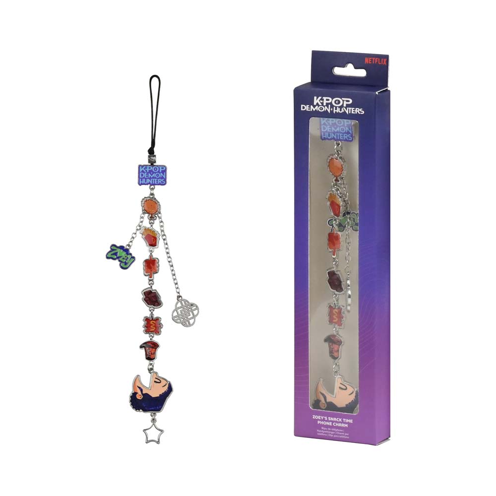 Kpop Demon Hunters branded packaging with clear window, inside box is metal beaded phone strap with character themed charms.