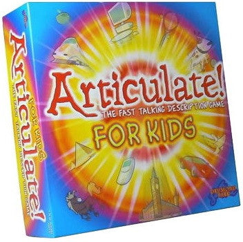 Board game box for 'Articulate! For Kids' with colorful design and text.