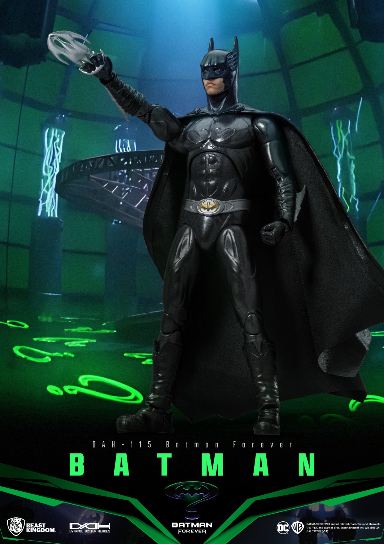 Batman figure in a dark suit with cape against a green and black background