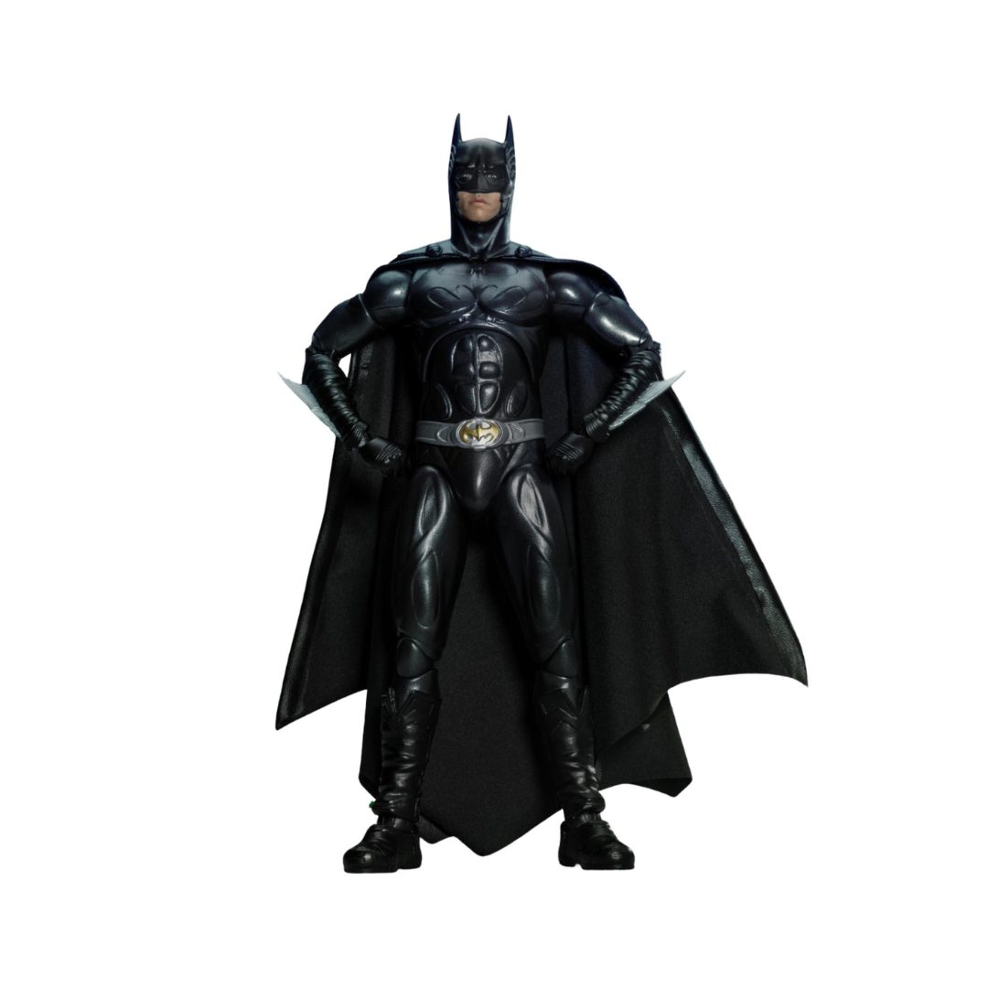 Batman from Batman Forever Movie figure in black costume with cape on a white background