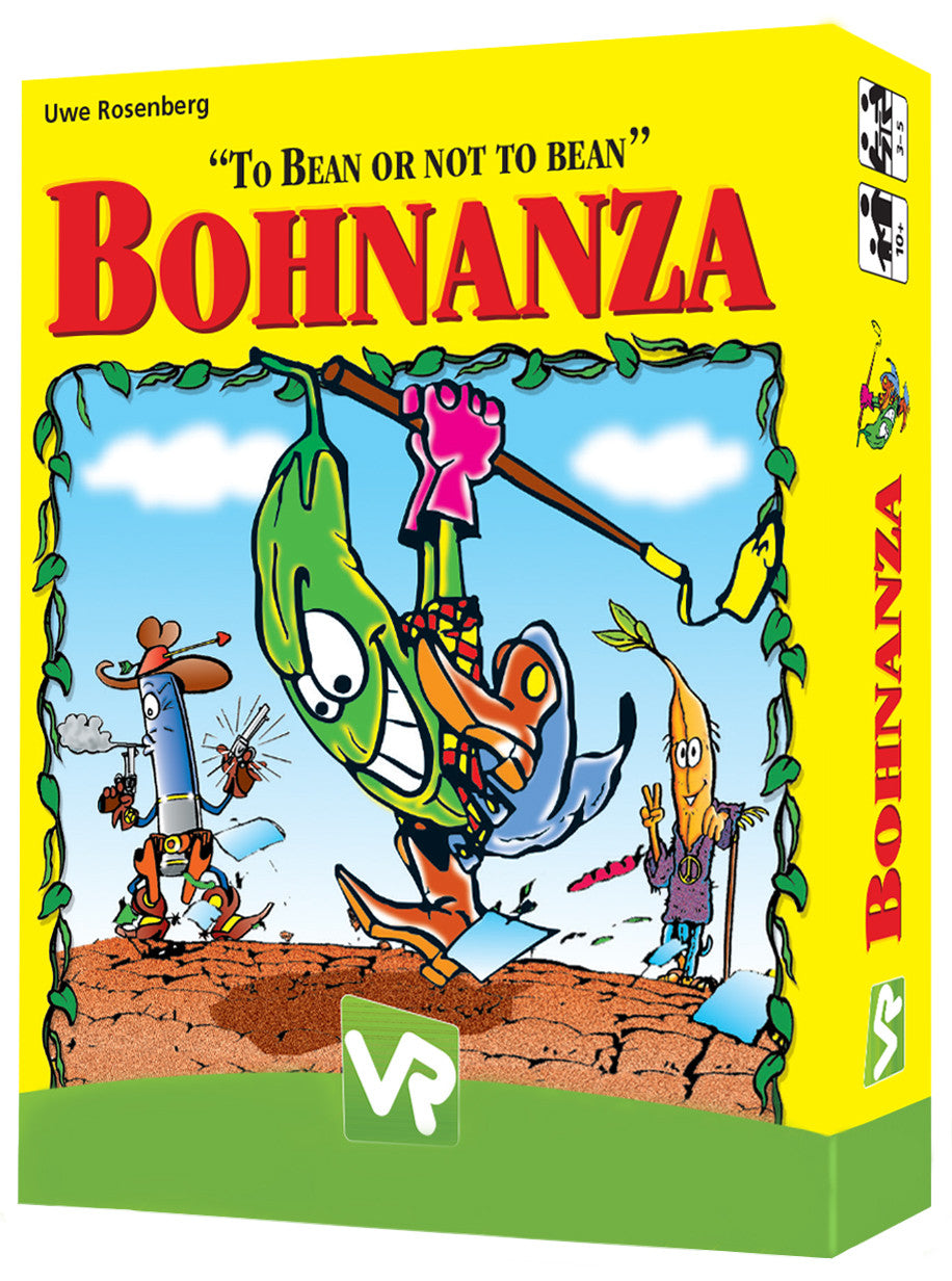 The image shows the product packaging for the board game 'Bohnanza'. The cover features colorful, cartoon-style bean characters engaging in trading activities.