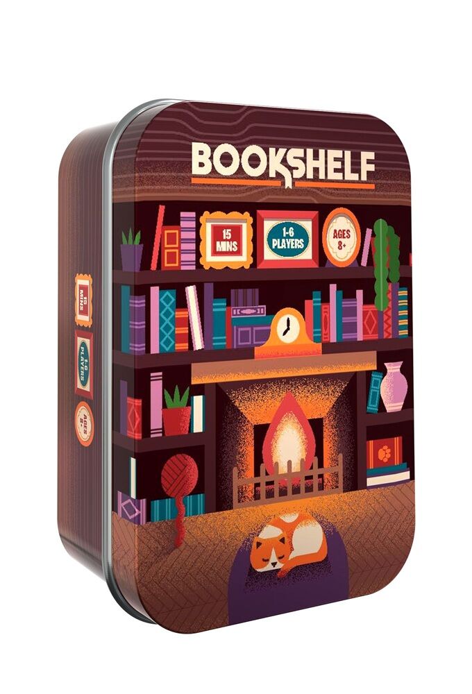 Tin box designed like a bookshelf with illustrations of books and a fireplace, labeled 'Bookshelf'.