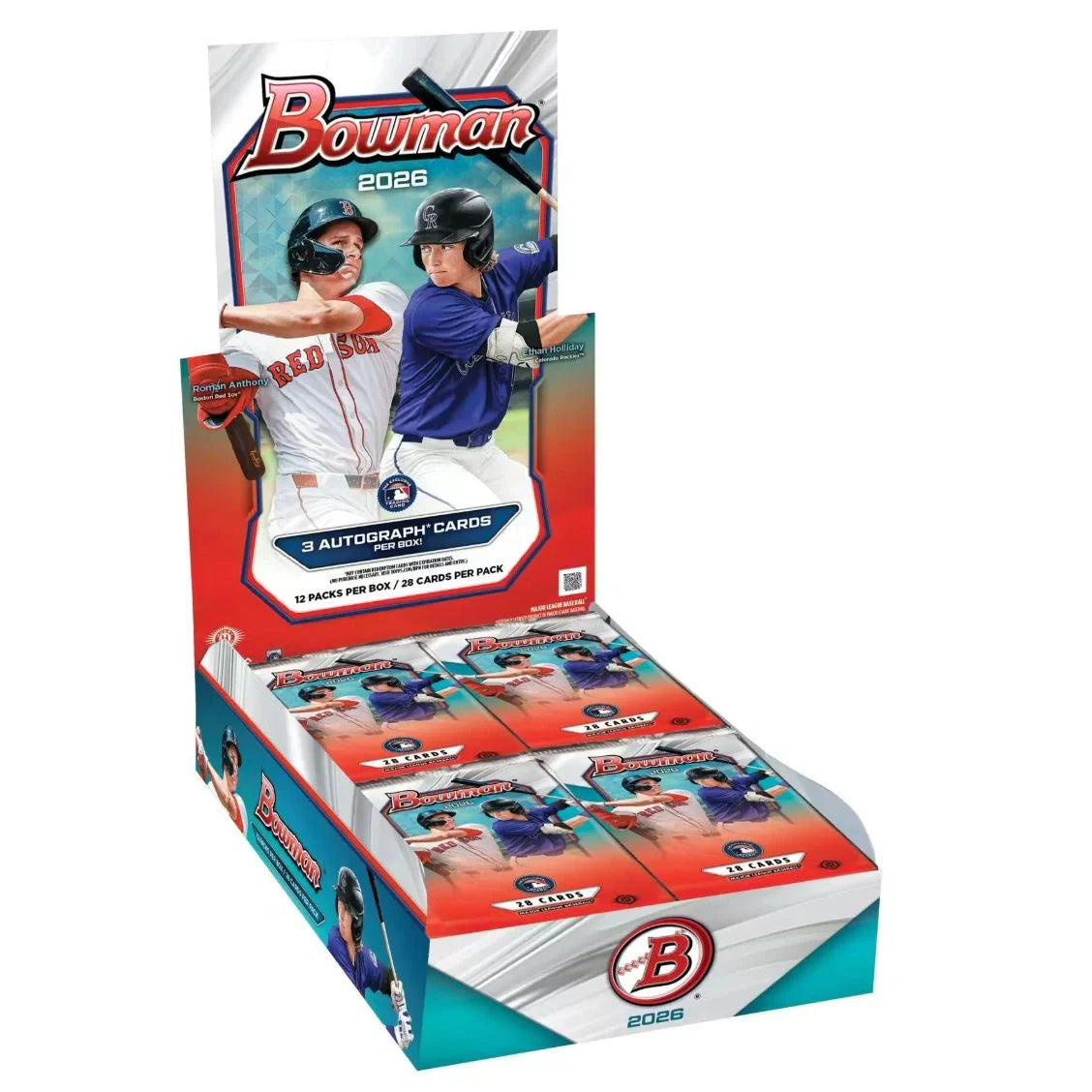 Box of Bowman 2026 baseball trading cards with two players on the front