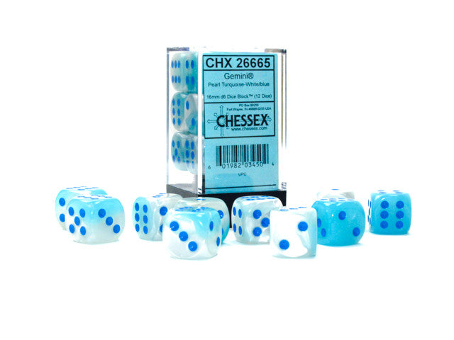 Blue and white dice with Chessex packaging on a white background