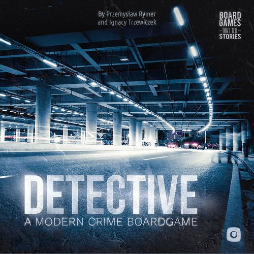 Cover of a board game titled 'Detective' by Przemyslaw Rymer and Ignacy Trzewiczek, featuring a modern crime theme.