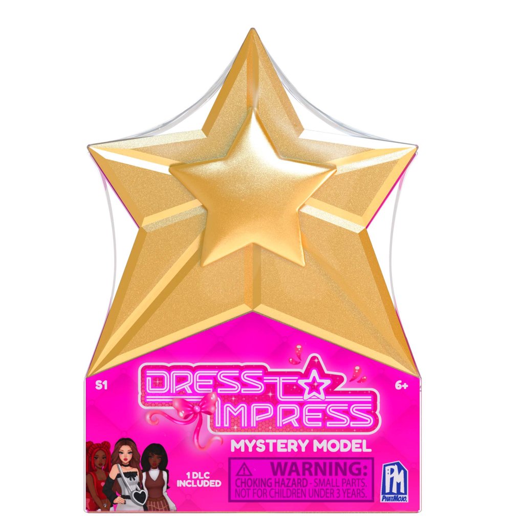 Gold star-shaped packaging for Dress Impress toy with pink base and brand logo.