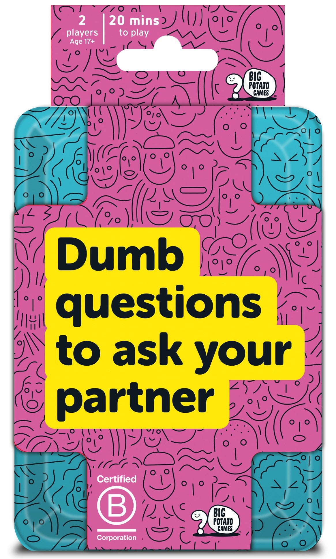 Card game packaging titled 'Dumb questions to ask your partner' with colorful design and text.