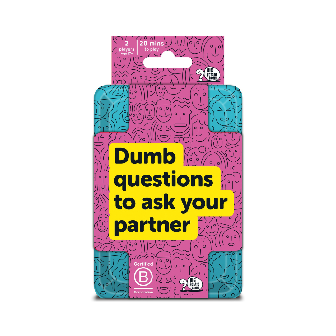 Card game packaging with pink and blue design and yellow text on a white background