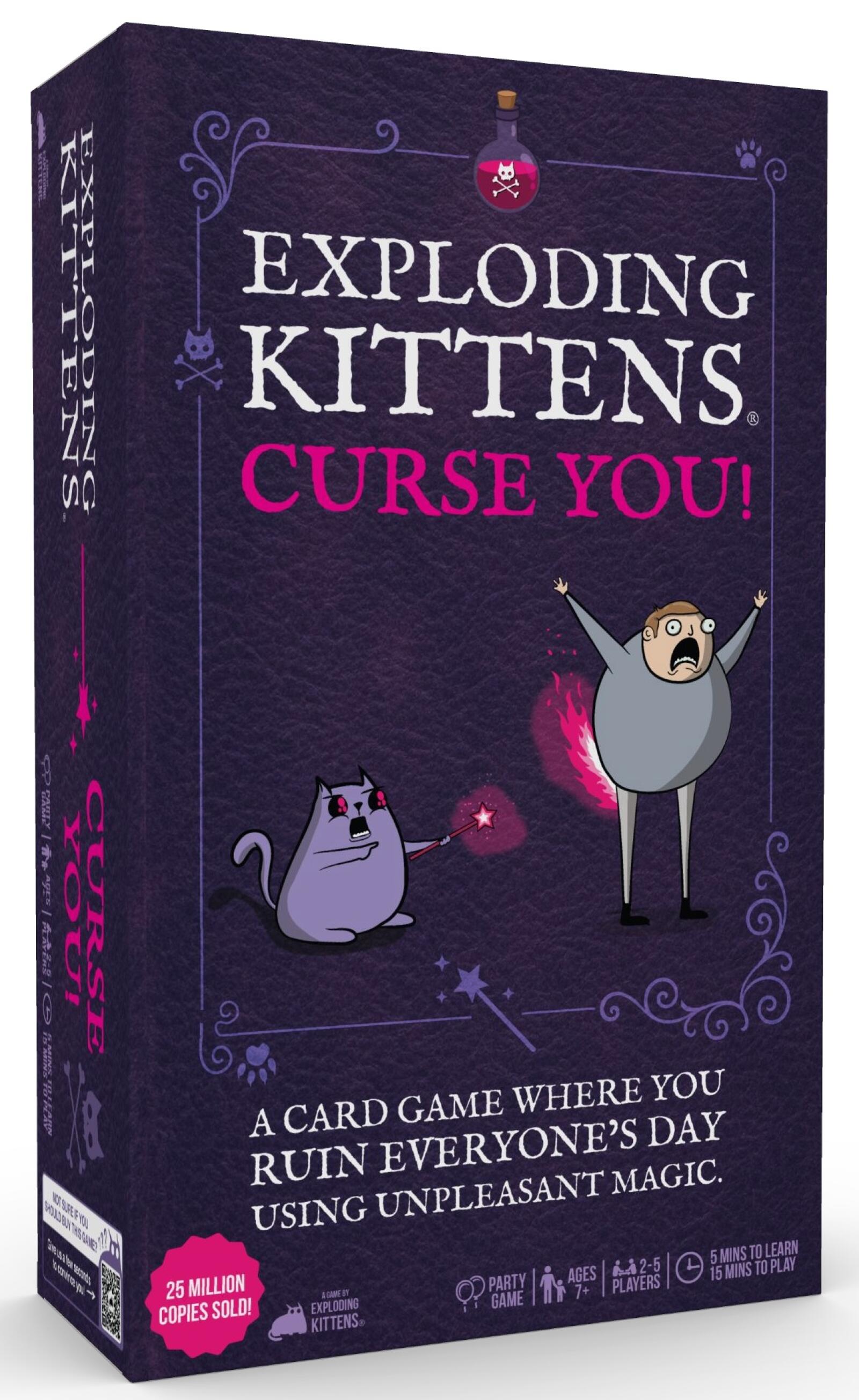 Front and spine of the board game box 'Exploding Kittens Curse You!' shown on a plain white background. The box is dark purple with white and pink title text and cartoon illustrations of a purple cat and a gray exploding kitten.
