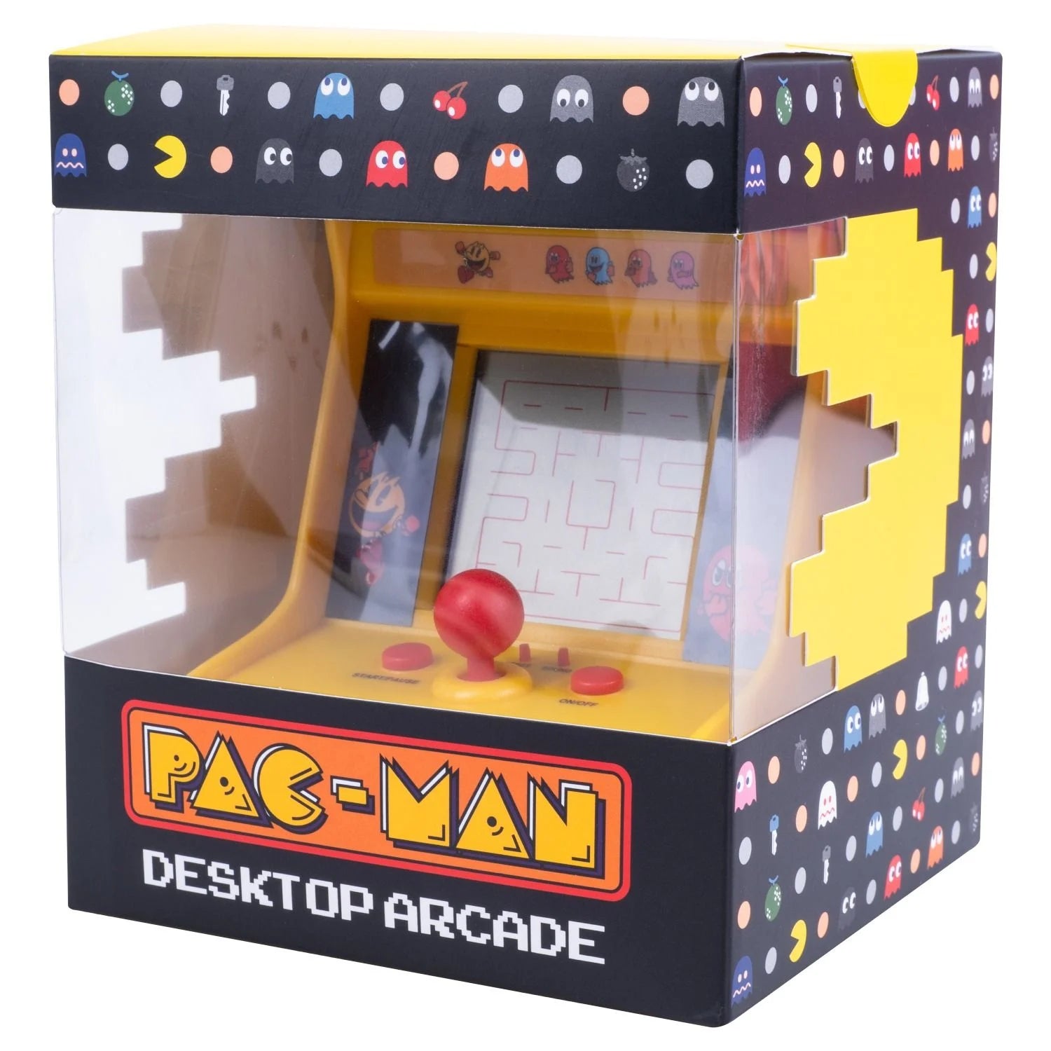 Pac-Man desktop arcade machine in packaging with colorful design