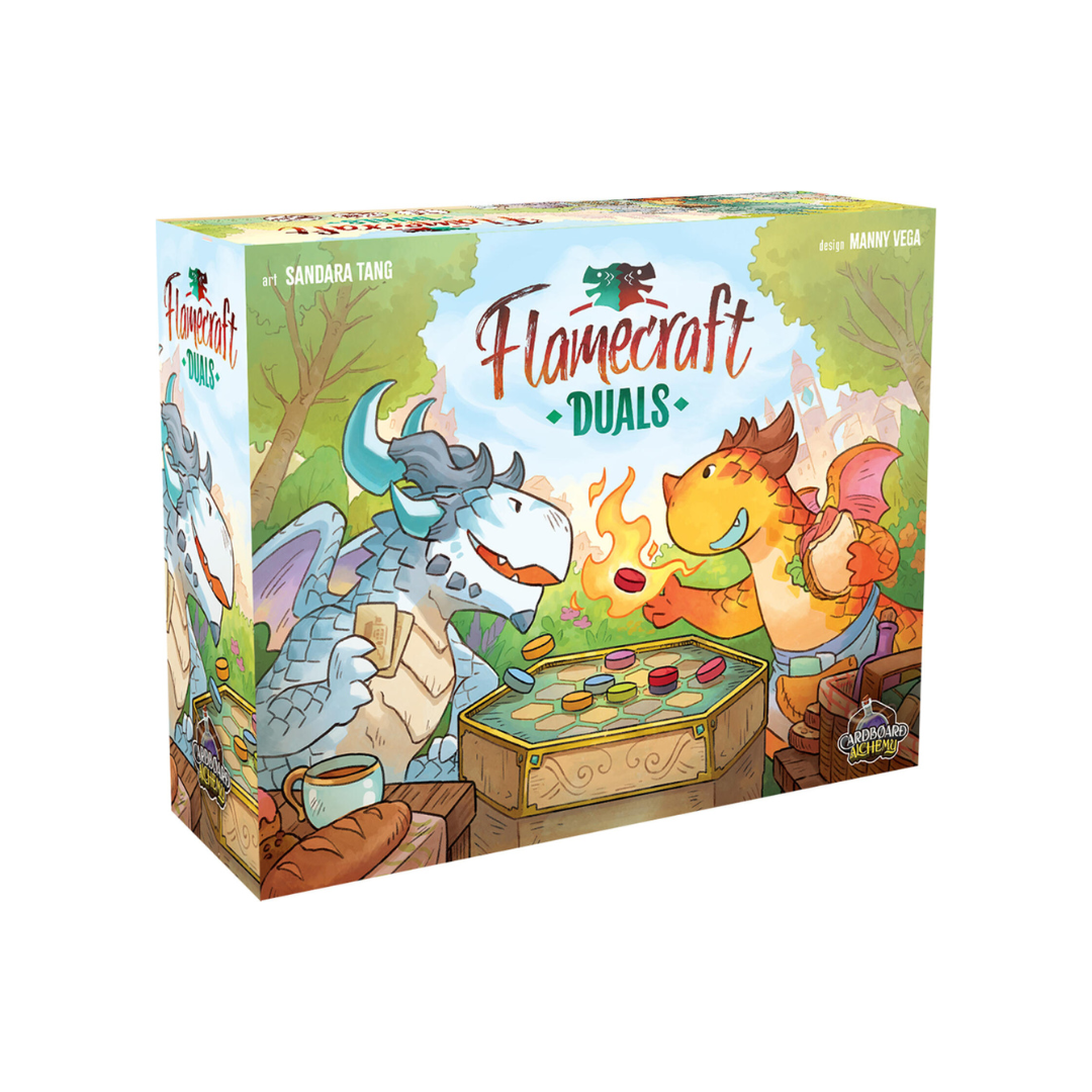 Board game box for 'Flamecraft Duels' featuring two dragons around a table with game pieces.