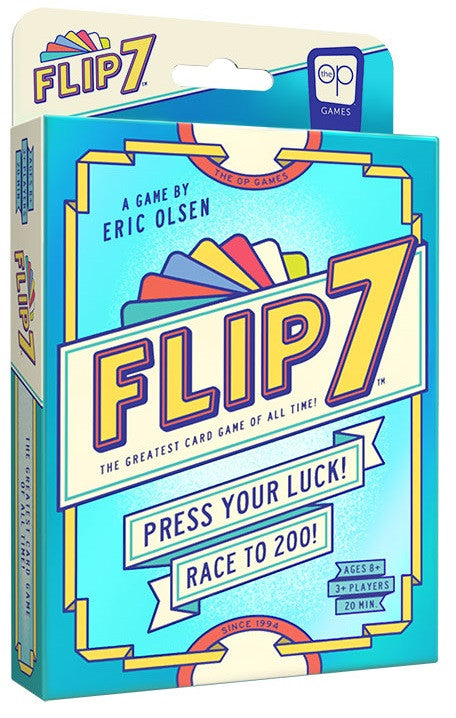 Flip 7 card game packaging with colorful design and text