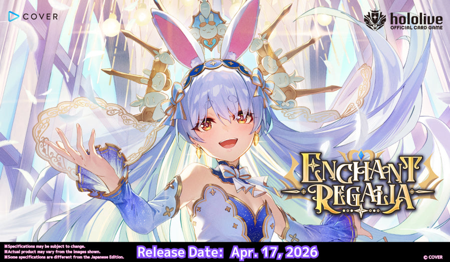 Character from 'Enchant Regalia' with bunny ears and a blue dress, featuring hololive branding.