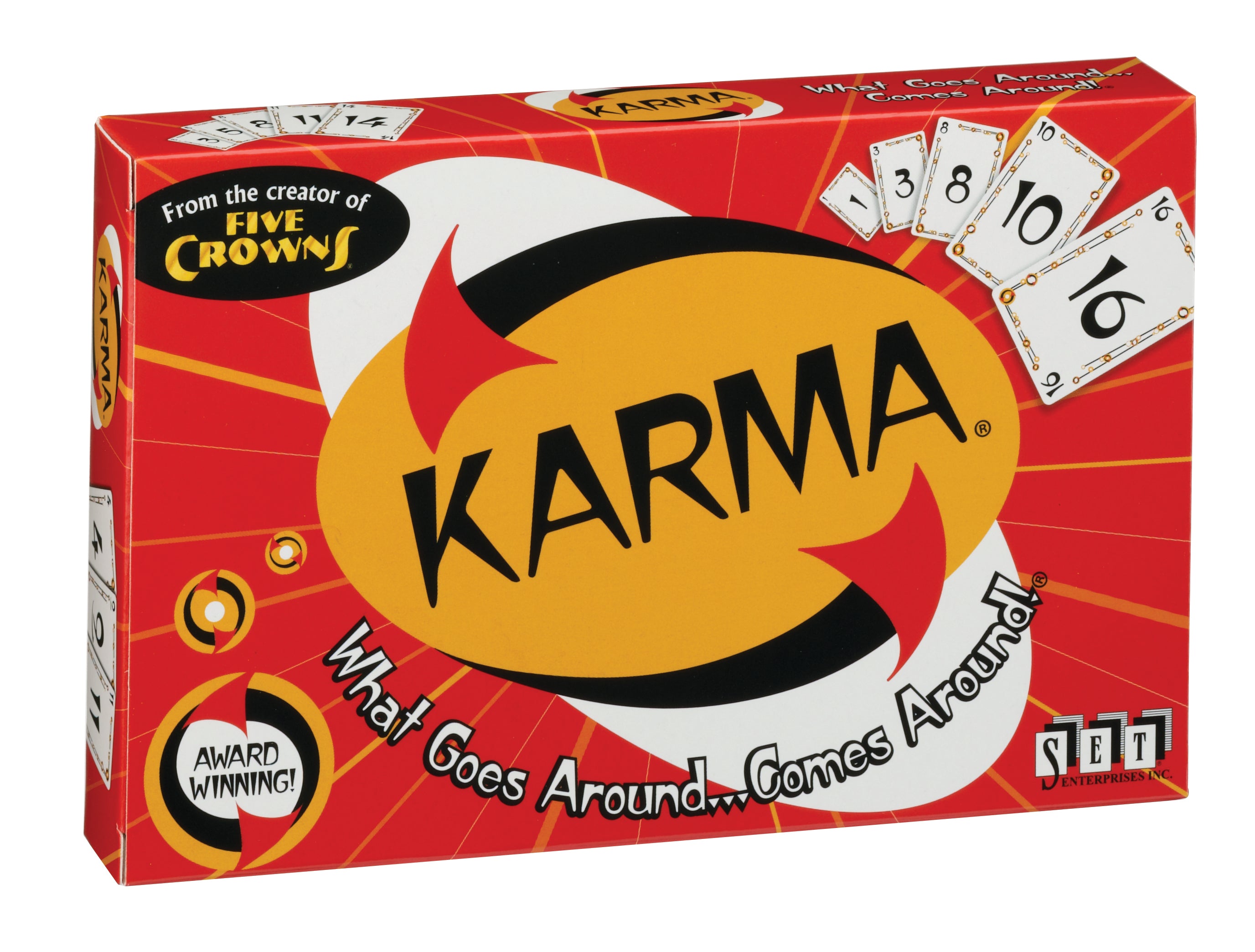 Box of the game 'Karma' with red and orange design