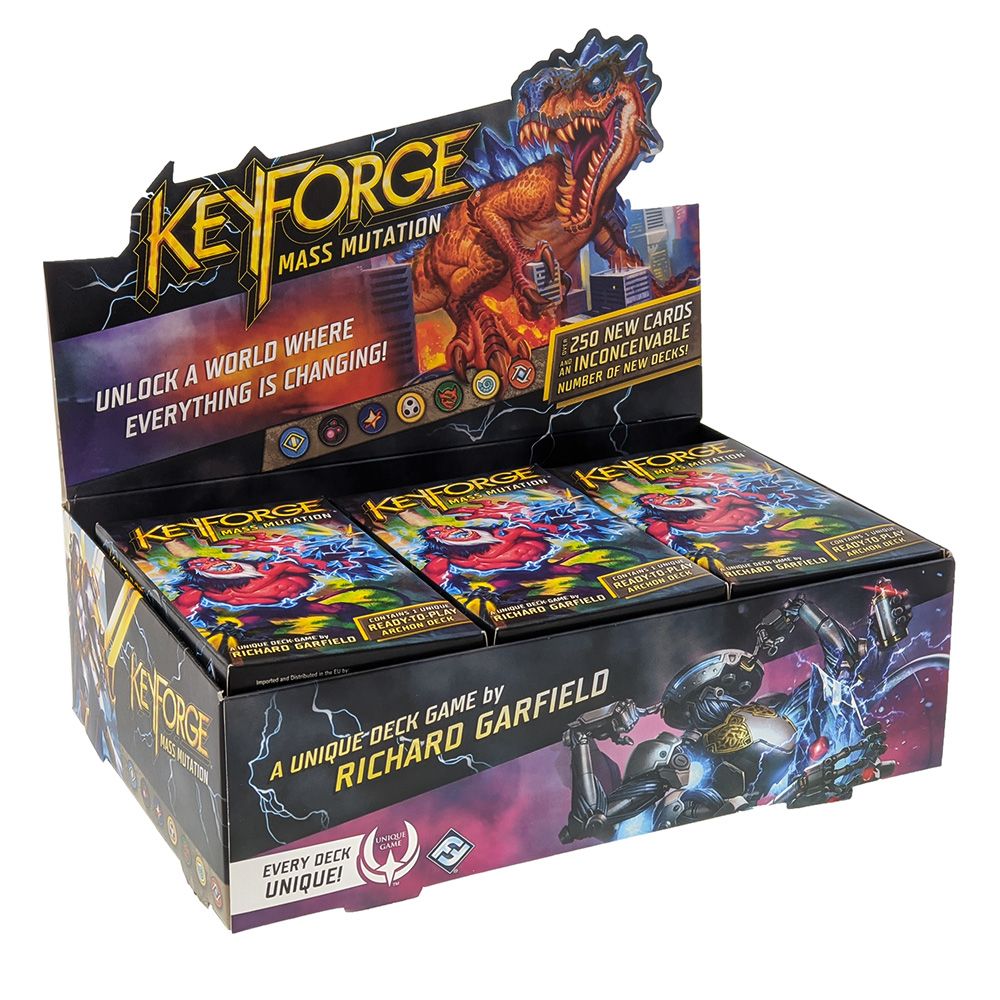 KeyForge Mass Mutation game box with colorful artwork and text on a white background