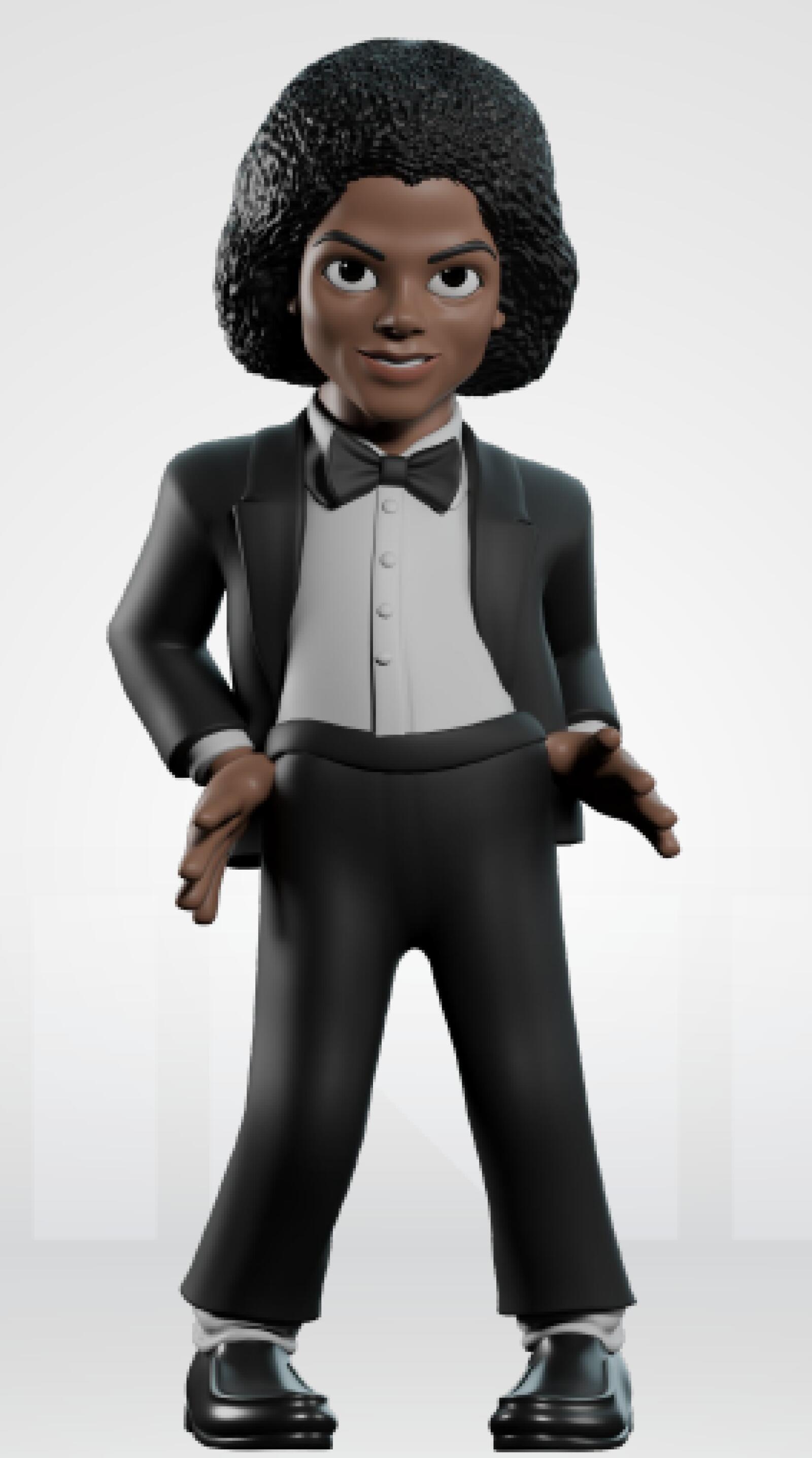 Action figure in a black suit with a bow tie on a white background