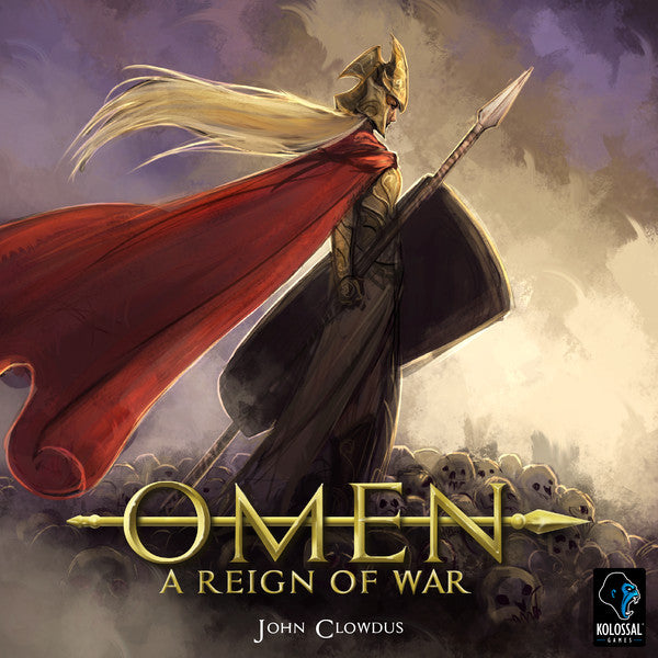 Cover art for the board game 'Omen - A Reign of War' featuring a stylized illustration of a character with a red cape and a sword, with a dark, stormy background filled with skulls.