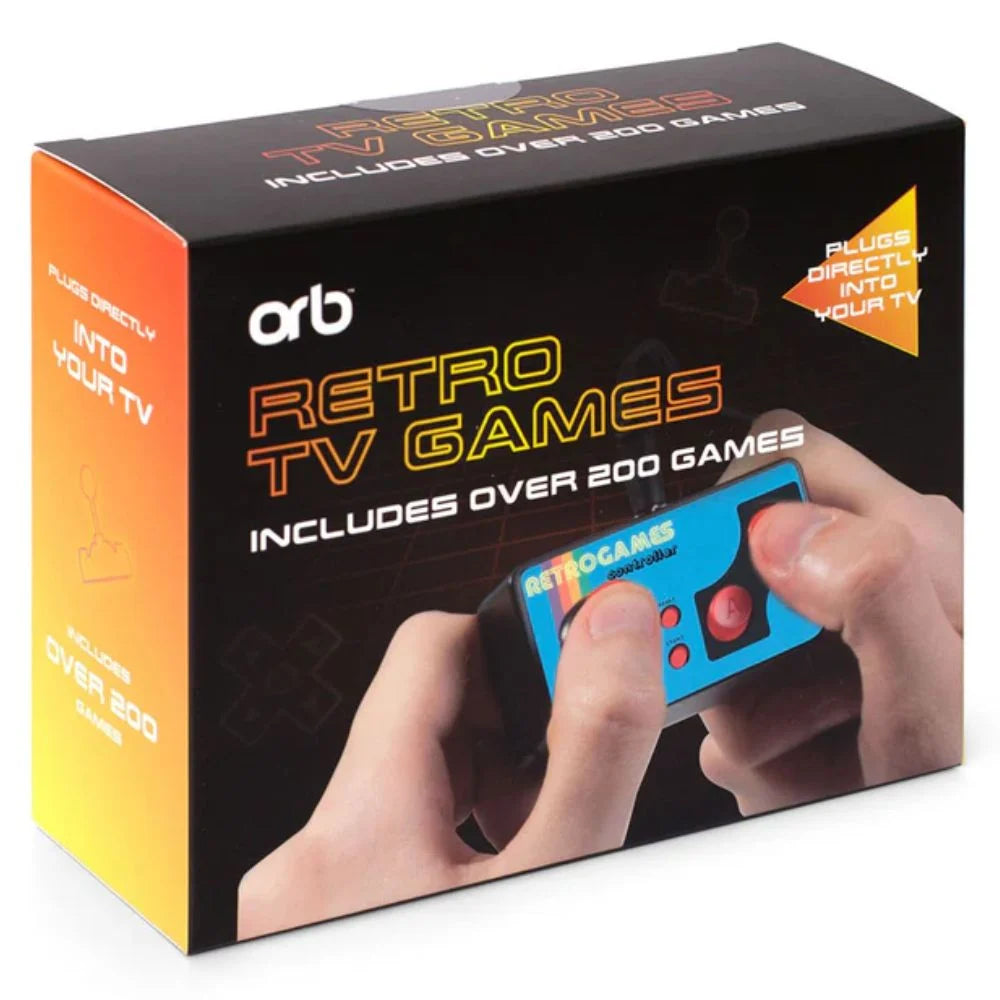Box of retro TV games console with 'orb' branding and image of hands holding a handheld gaming device.