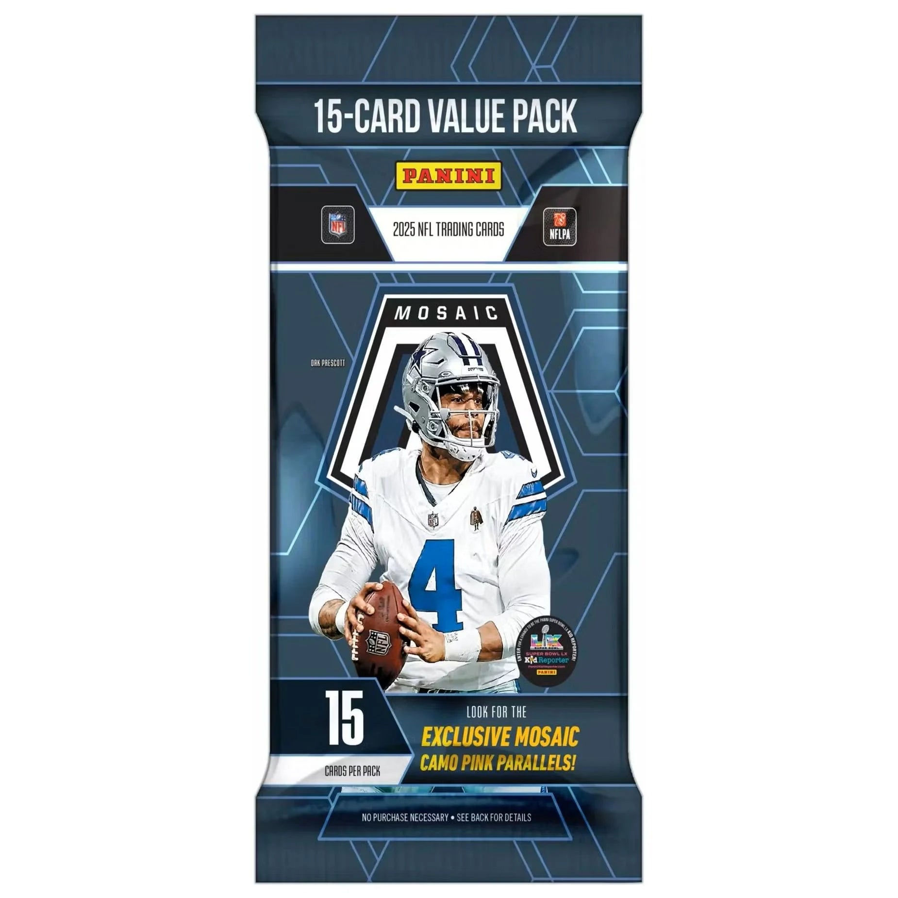 Panini 2025 NFL Trading Cards Mosaic 15-card value pack football card booster box featuring a Dallas Cowboys player on the front.