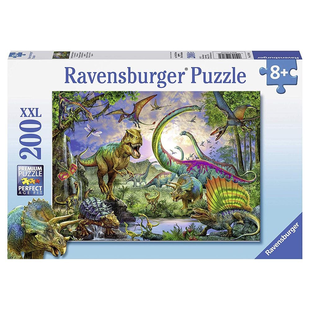 Ravensburger branded packaging with completed puzzle image on cover. Image contains, prehistoric trees, bugs and dinosaurs.