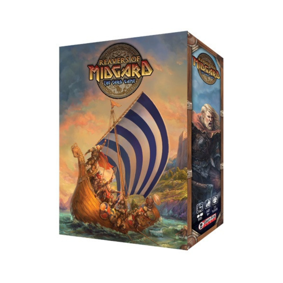 Board game box for 'Reavers of Midgard' with Viking ship and warrior illustration on a white background