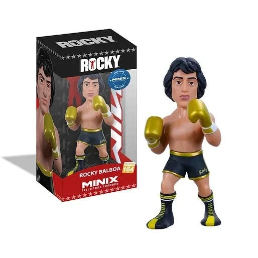 Black and red minix packaging with clear window. Inside box is Rocky Balboa figure with gold gloves, gold shorts trim and sneakers.