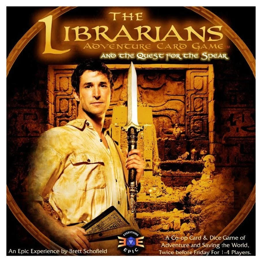 Box cover of 'The Librarians Adventure Card Game' with a character holding a spear in an ancient temple setting.