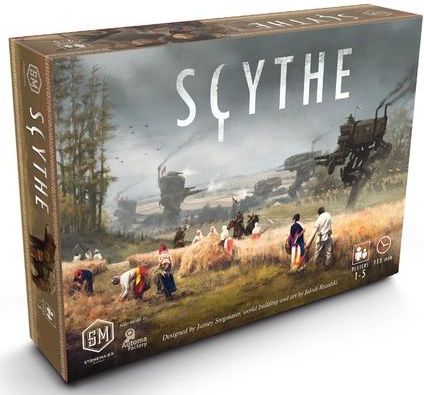Scythe board game box with a rural scene and 'Scythe' branding.