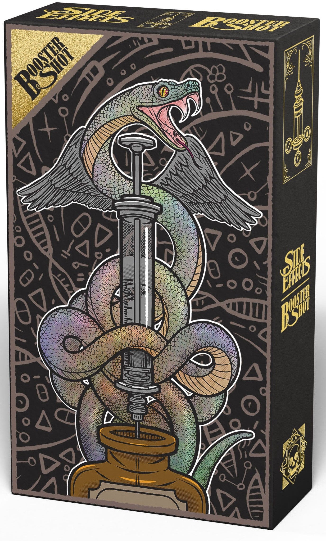 Decorative box with intricate design featuring a snake and mechanical elements on a black background.