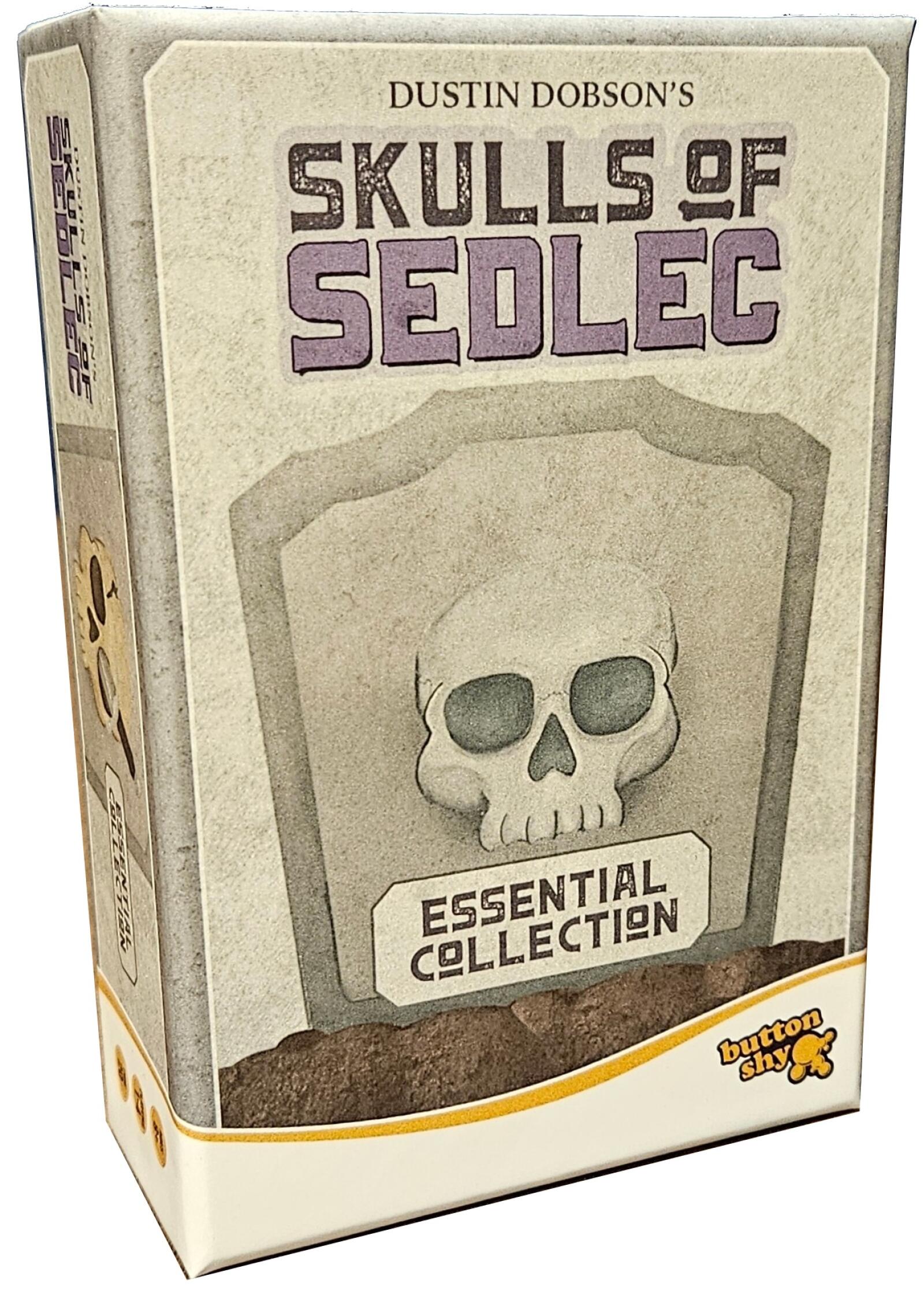 Box art for 'Skulls of Sedlec: Essential Collection' by Dustin Dobson's Hidden Sun, featuring a tombstone illustration with a skull on a textured beige background.