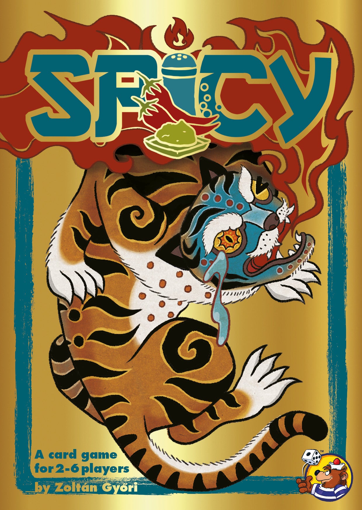 Card game box with a stylized tiger design and 'Spicy' text on a gold background