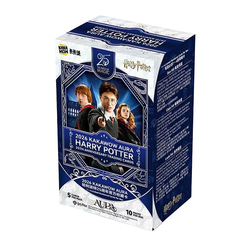 A boxed trading card product for Harry Potter 2026 Kakashiw Aura 35th Anniversary Trading Card Op. The box is predominantly dark blue and white with character artwork of Harry, Ron, and Hermione on the front, plus visible Harry Potter and King Kong branding.