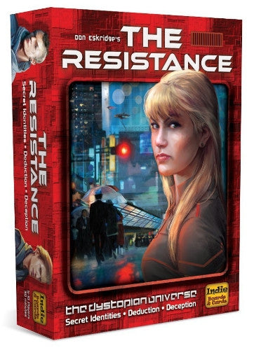 The image features the cover of "The Resistance 3rd Edition," a board game box that portrays a futuristic cityscape and a female resistance fighter. The game is described as a social deduction game involving 5-10 players, set in a dystopian future.
