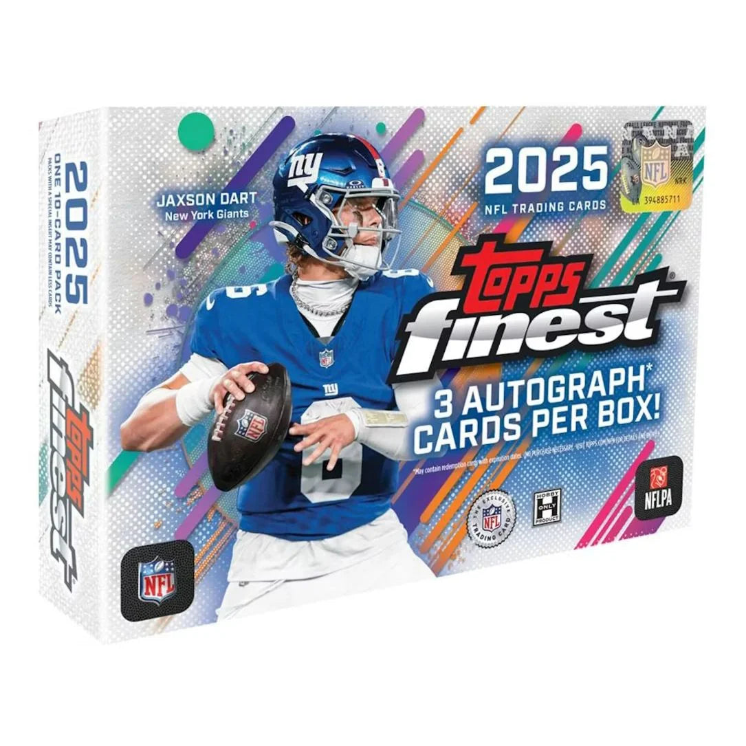 Topps Finest 2025 NFL trading cards box featuring a graphic of football player Jayson Dart in a blue New York Giants uniform, with prominent Topps branding and NFL logos on the packaging.
