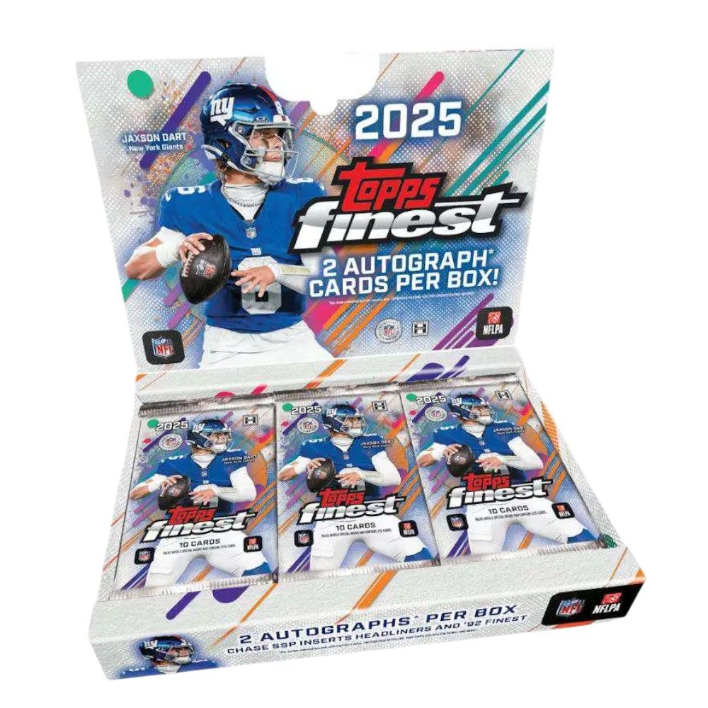Topps Finest 2025 football trading card booster box display with three sealed packs inside, featuring a football player on the front and NFL branding.