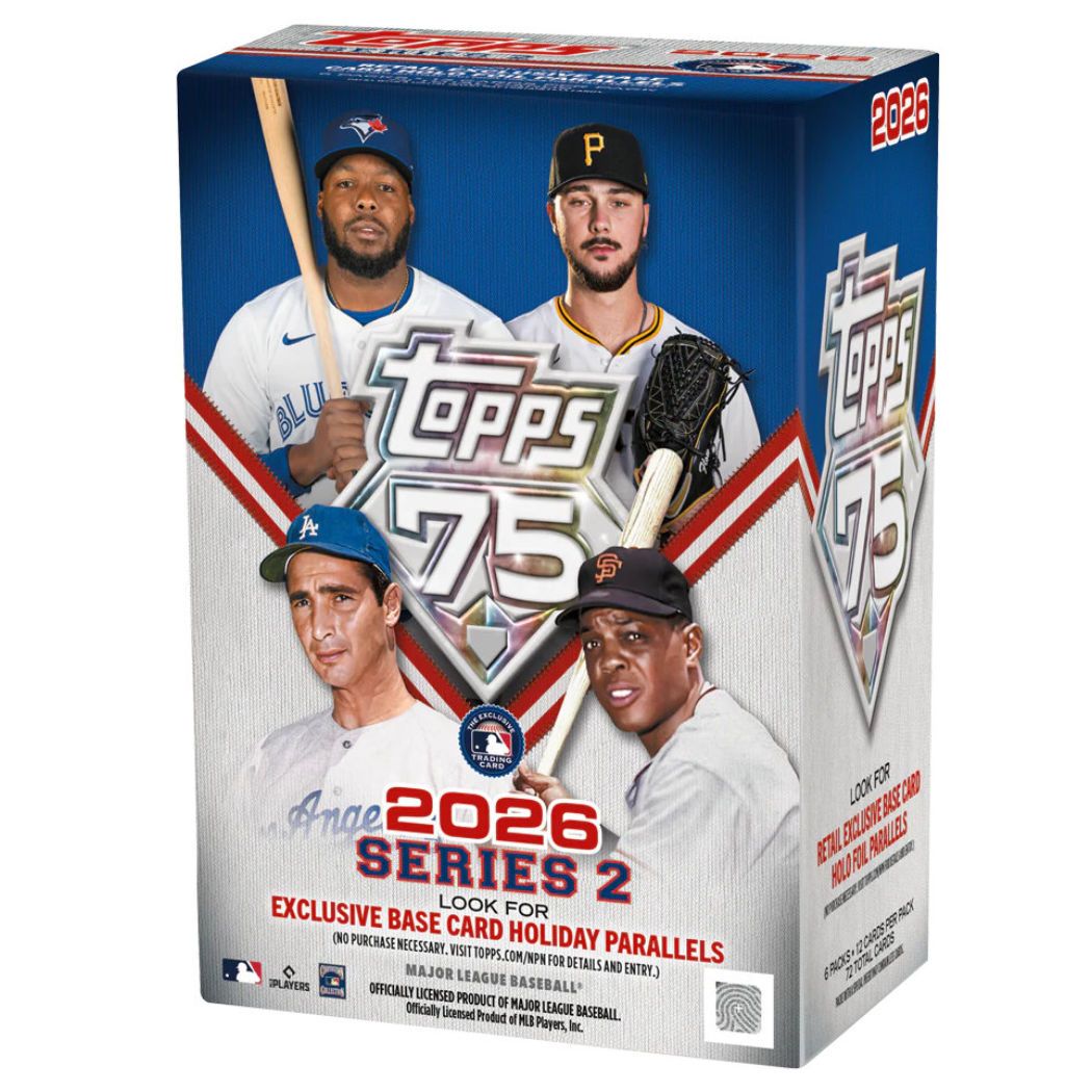 Topps 2026 Series 2 baseball trading card booster box featuring four baseball player portraits on the front, with the Topps logo and '2026' prominently printed on a white studio background.