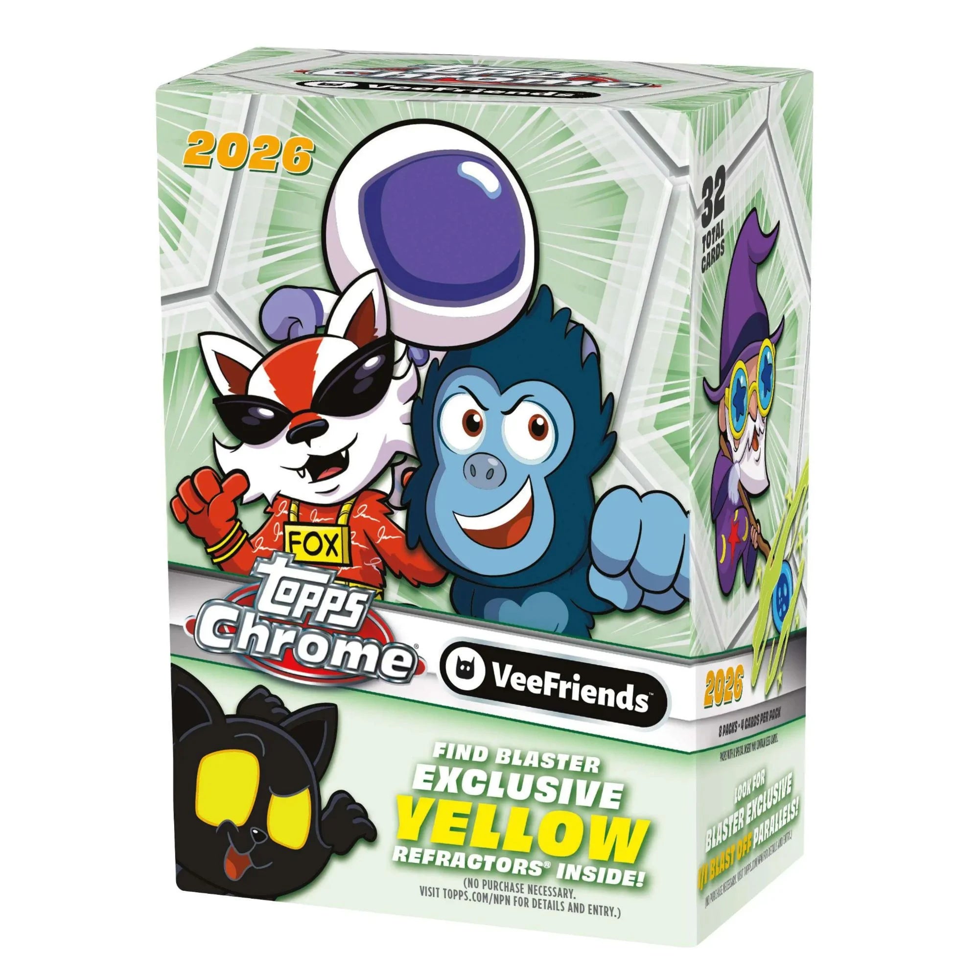 Topps Chrome x VeeFriends 2026 trading card booster box featuring Fox McCloud and a blue gorilla character on the front, with 'Find Blaster Exclusive Yellow Refractors Inside!' text and a black cat illustration at the bottom.