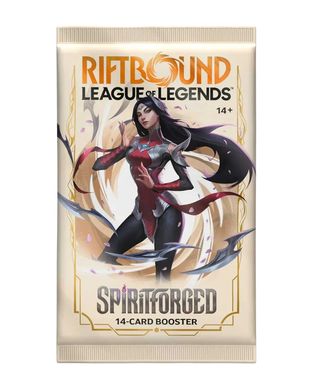 Riftbound League of Legends Spiritforced booster pack with character illustration on beige background